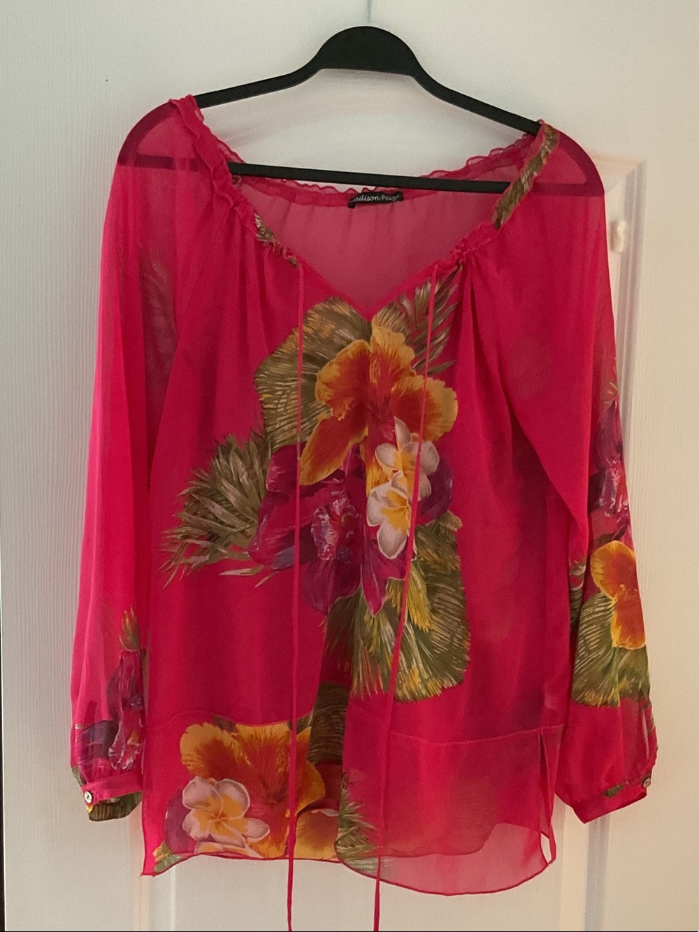 Sheer Fuchsia Floral Peasant Tunic Top